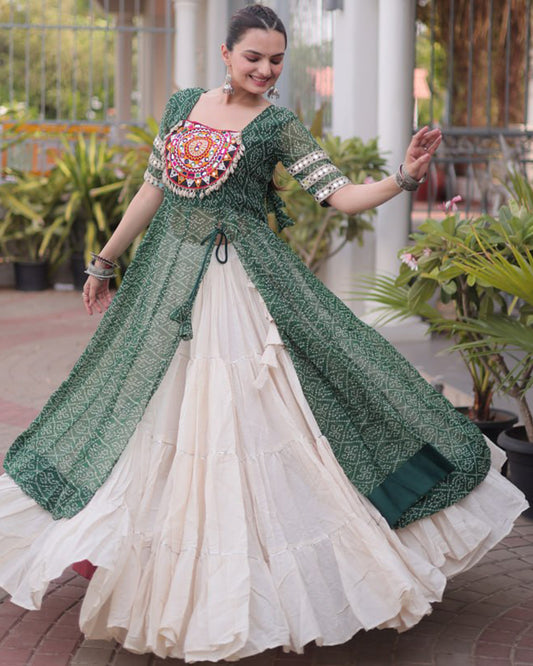 Green  Color Bandhani Printed Kurti With Kora Cotton Lehenga
