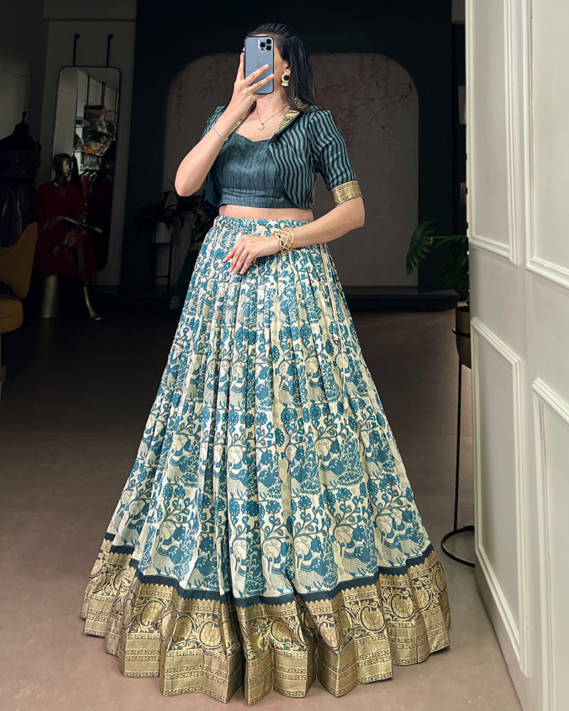 Sky Blue Color Tasar Silk Viscose Printed Lehenga Choli