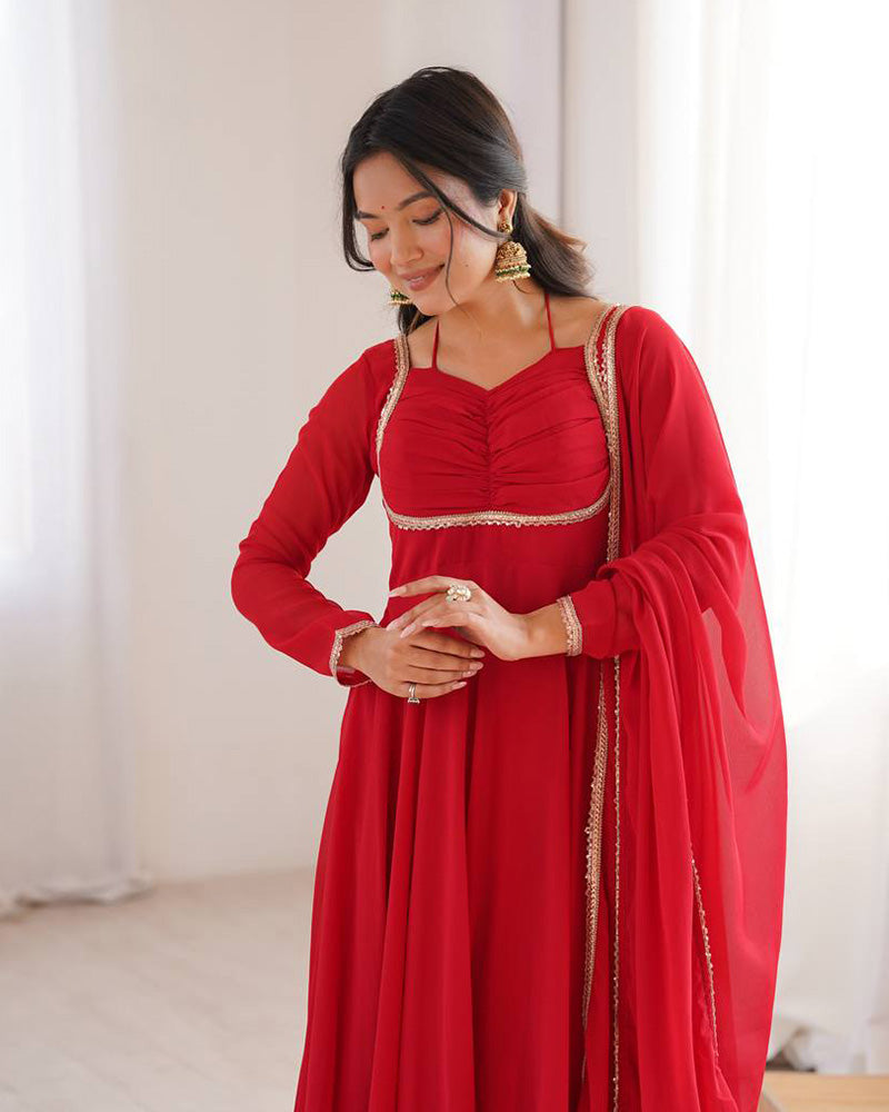 Red Color Pure Blooming Georgette Anarkali Gown