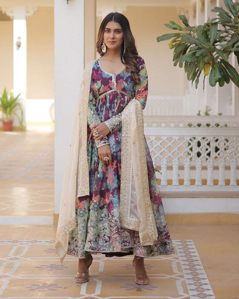 Wedding Wear Floral Embroidered Wine Color Alia Cut Gown With Dupatta