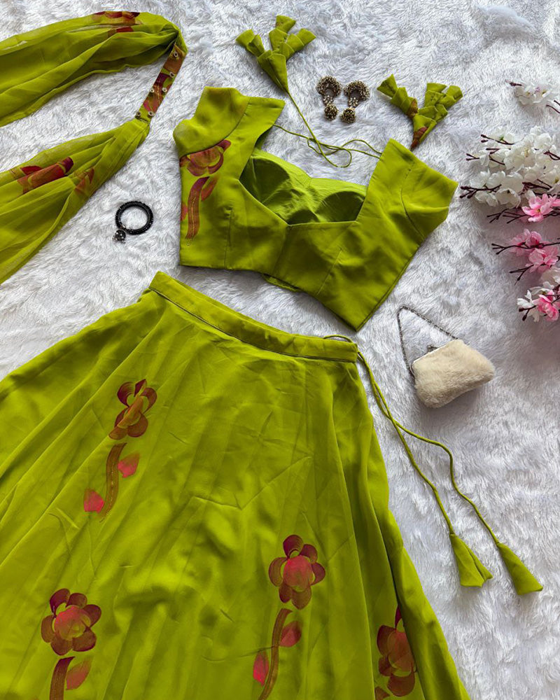 Mehndi Color Pure georgette Printed Lehenga Choli