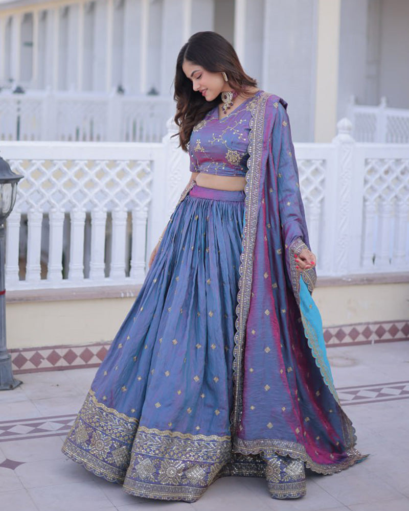 Dusty Blue Color Ysl Silk Embroidered Lehenga Choli