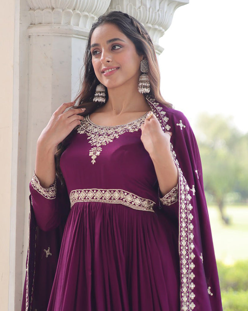 Royal Magenta Color Vichitra Silk Embroidered Gown