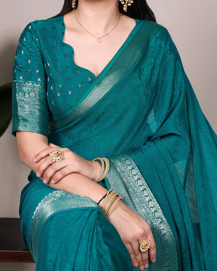 Bottle Green Color Chinon Self Printed Saree