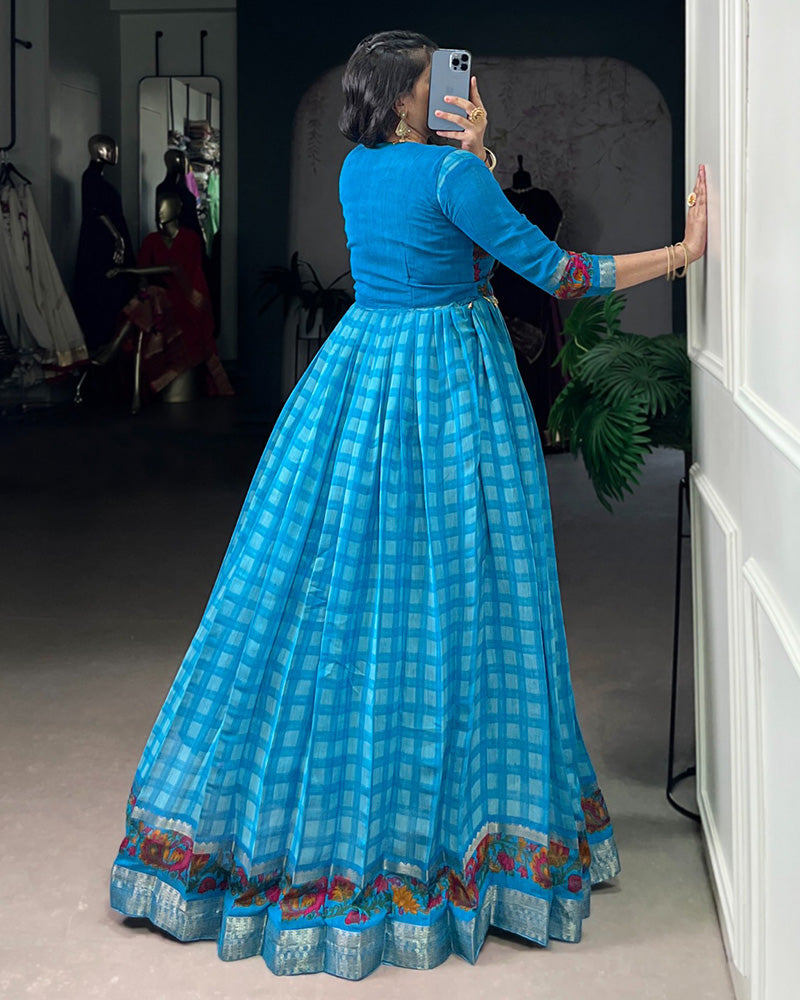 Sky Blue Color Viscose Chanderi Printed Gown