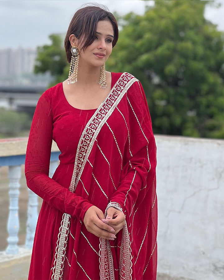 Maroon Color Georgette Anarkali With Embroidered Dupatta