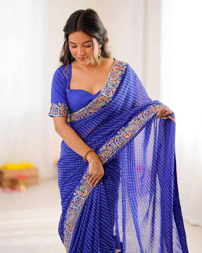 Blue Color Faux Georgette Bandhej Print Saree