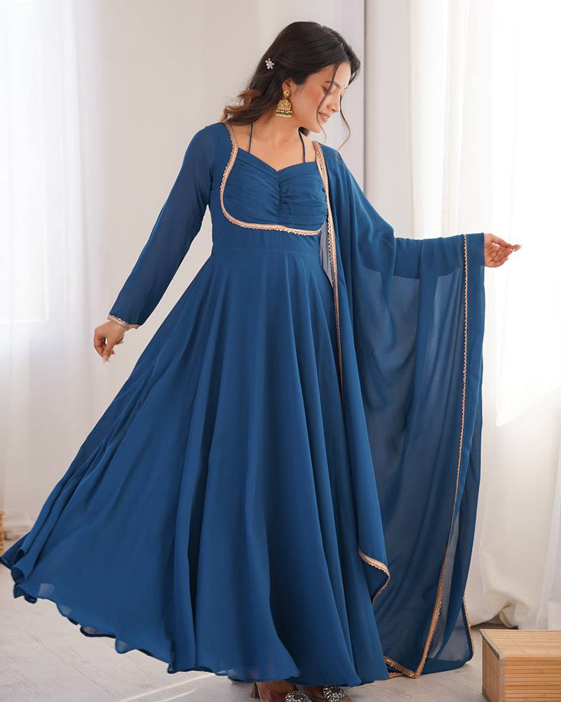 Teal Blue Color Pure Blooming Georgette Anarkali Gown