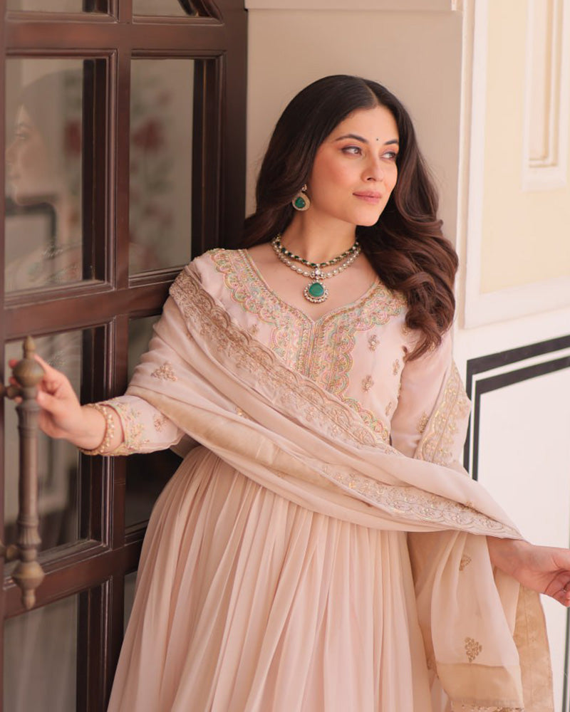 Cream Color Star Georgette Embroidered Gown