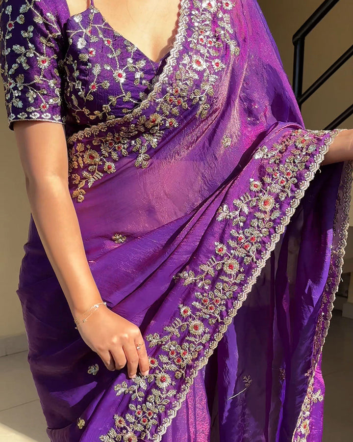 Purple Color Fendi Chiffon Sequence Embroidered Saree