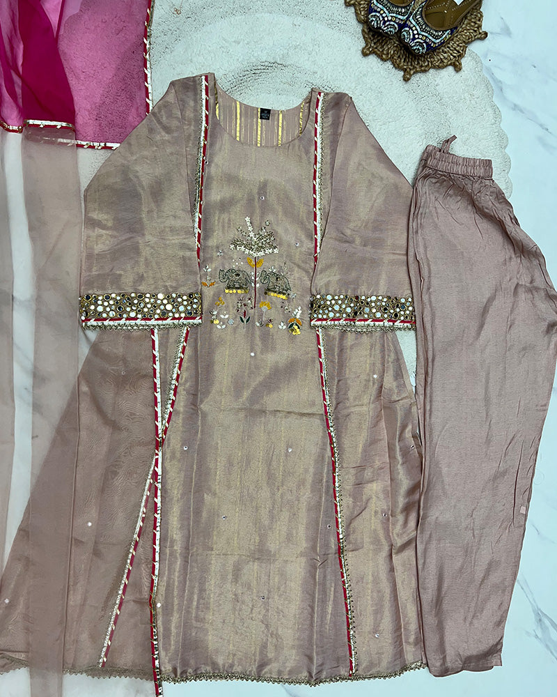 Pink Color Shimmer Silk Three Piece Kurti Suit