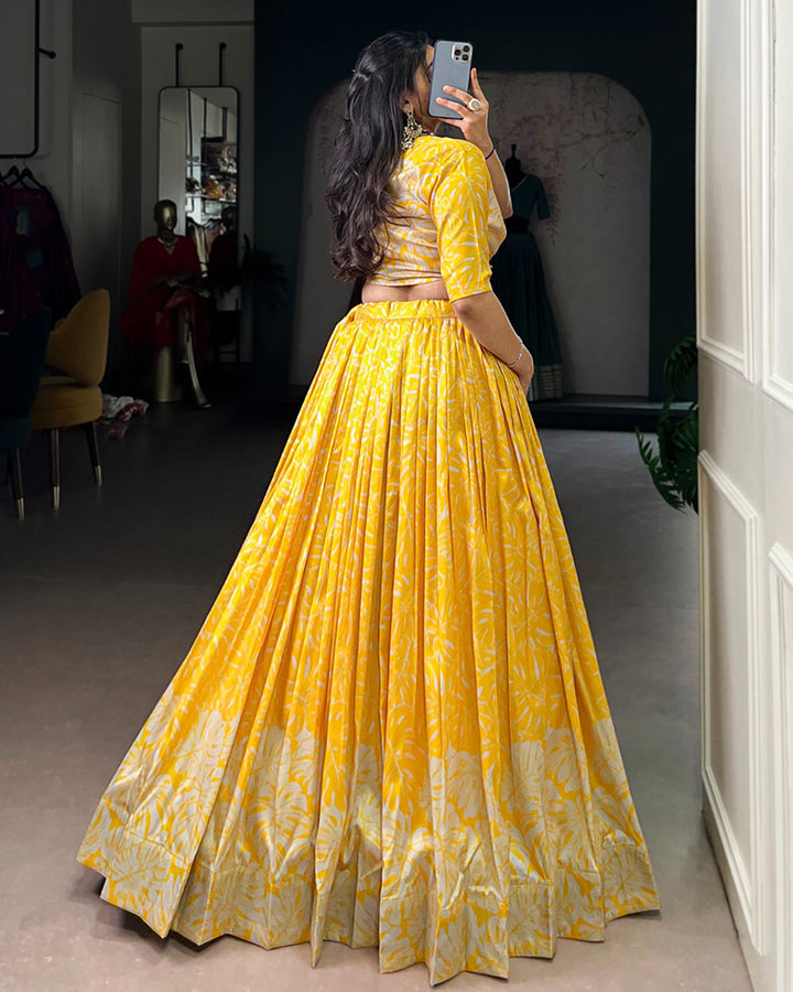 Yellow Color Tasar Silk Laheriya Printed Lehenga Choli
