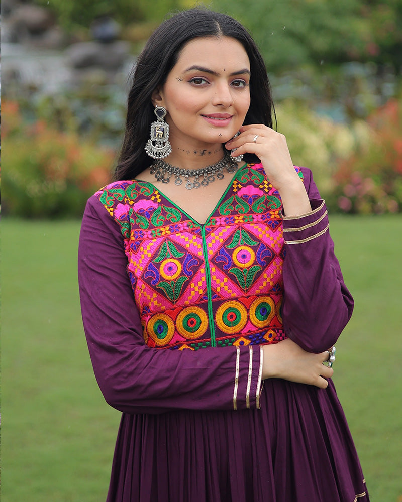 Traditional Wine Kutchi Embroidered Navratri Gown