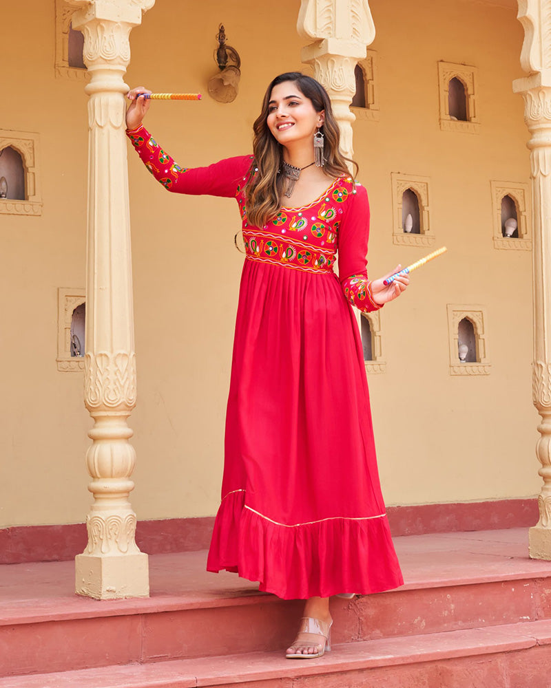 Traditional Pink Pure Rayon Embroidered Navratri Kurti