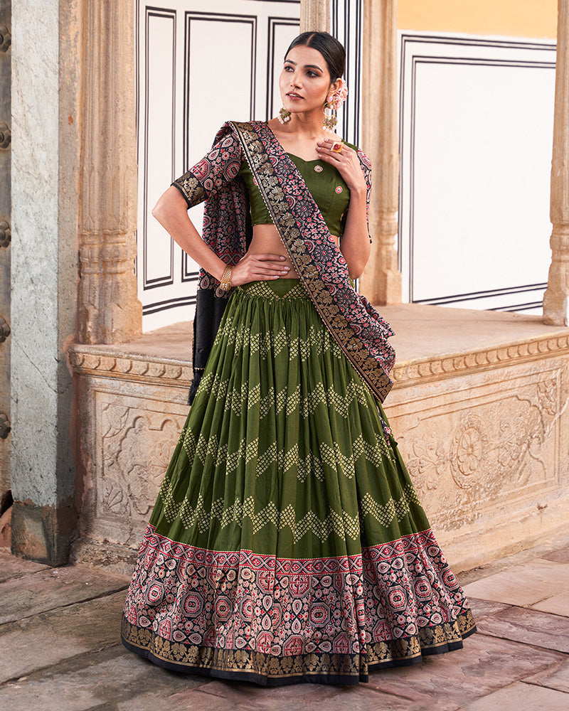 Designer Green Color Ajarakh Print Silk Lehenga Choli