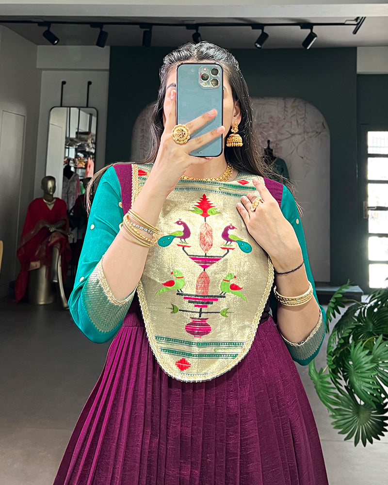 Wine Color Vichitra Silk Zari Weaving Gown