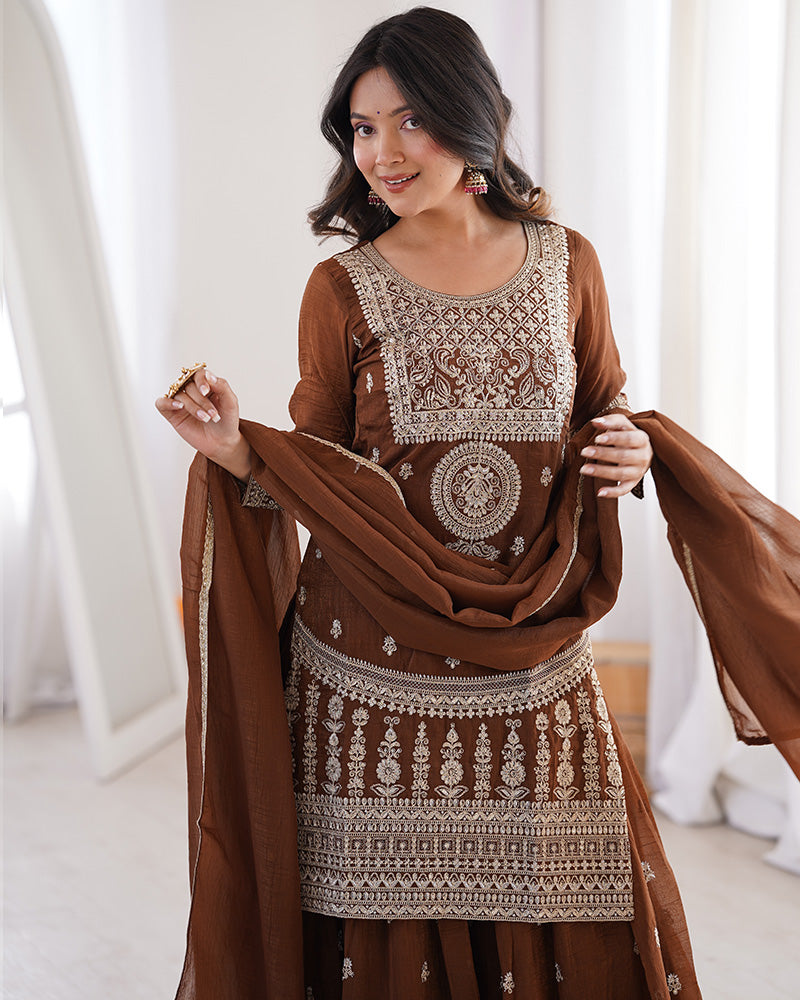 Brown Color Pure Soft Crunchy Silk Sharara Suit