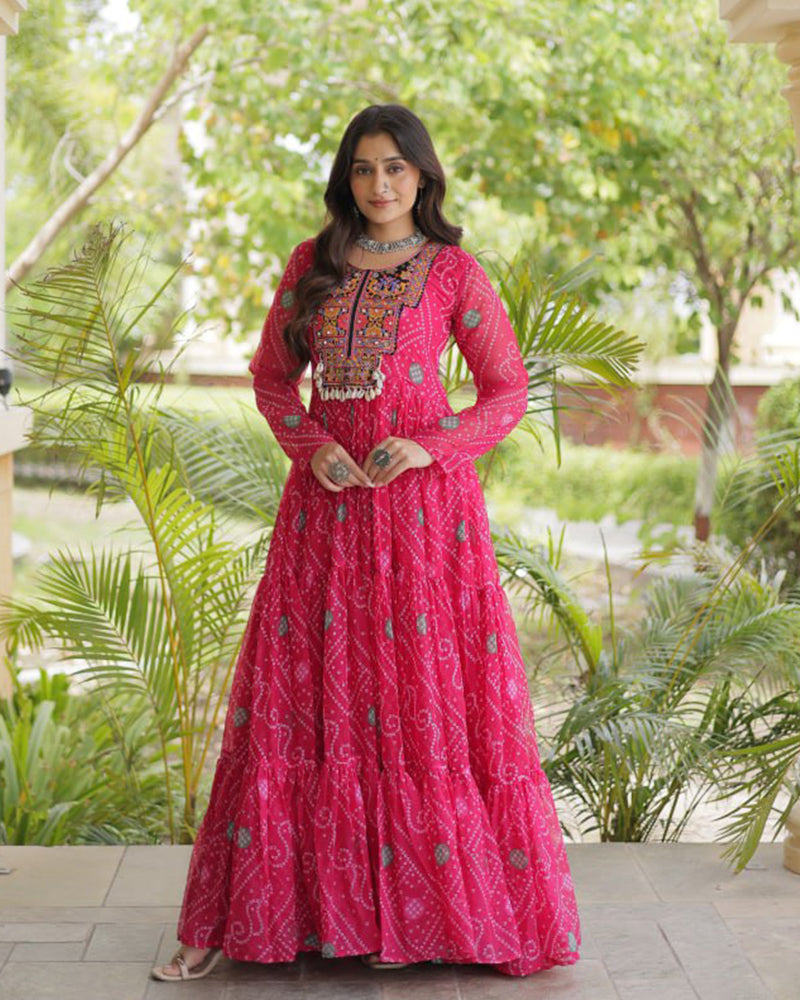 Pink Color Bandhani Print Faux Georgette Navratri Gown