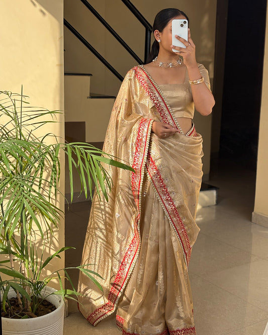 Cream Color Banarasi Tissue Silk Organza Saree