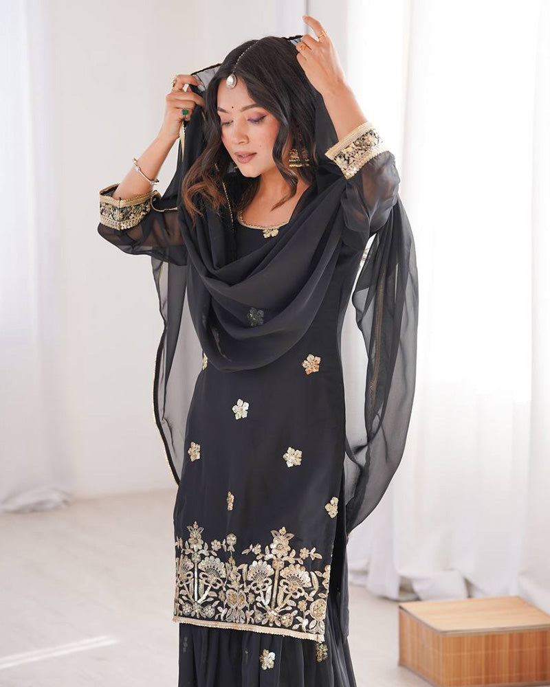 Black Color Soft Georgette Embroidered Sharara Suit