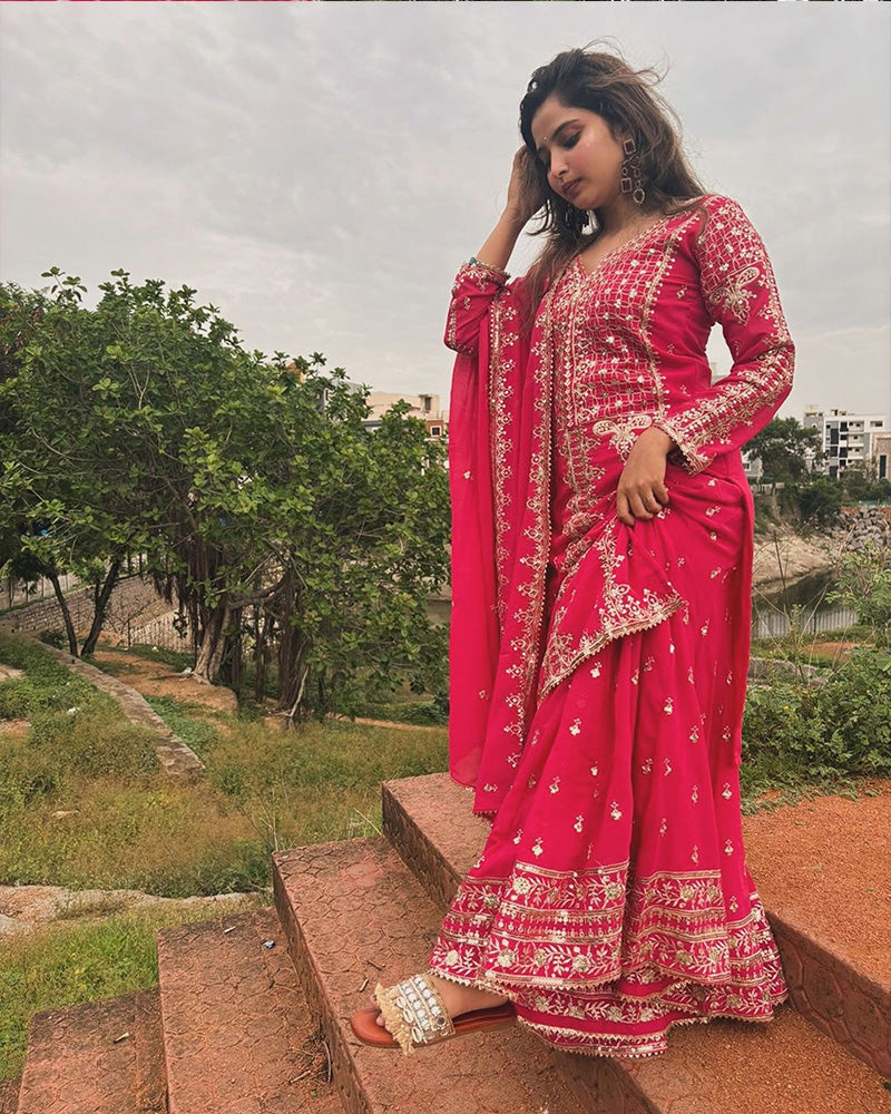 Rani Pink Color Faux Georgette Embroidered Sharara Suit