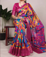 Mustard Color Tasar Silk Ethnic Printed Saree