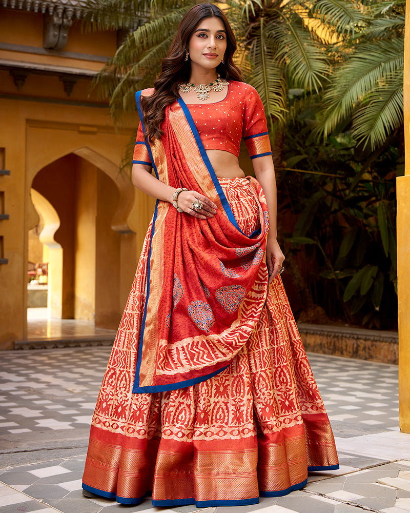 Rust Orange Color Dola Silk Batik Printed Lehenga Choli