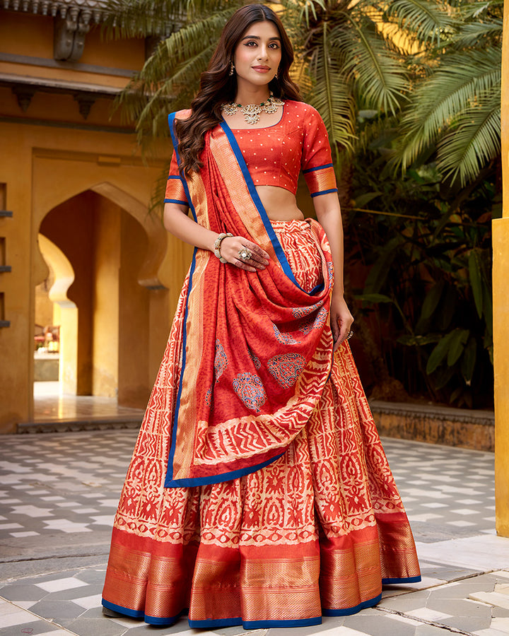Rust Orange Color Dola Silk Batik Printed Lehenga Choli