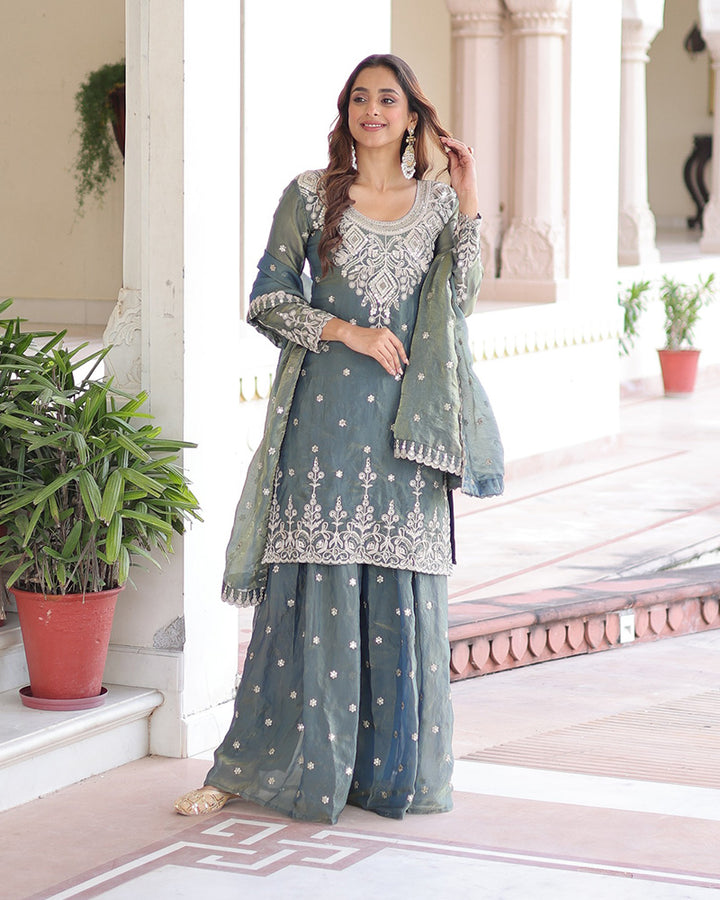 Grey Color Fendi Silk Embroidered Sharara Suit
