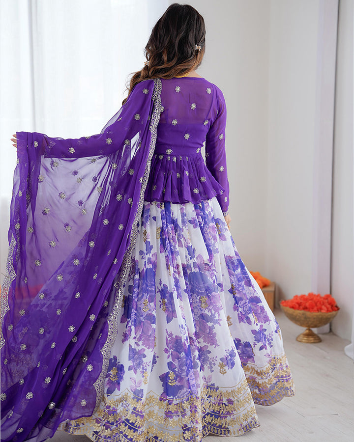 Purple Color Georgette Printed And Embroidered Lehenga Choli