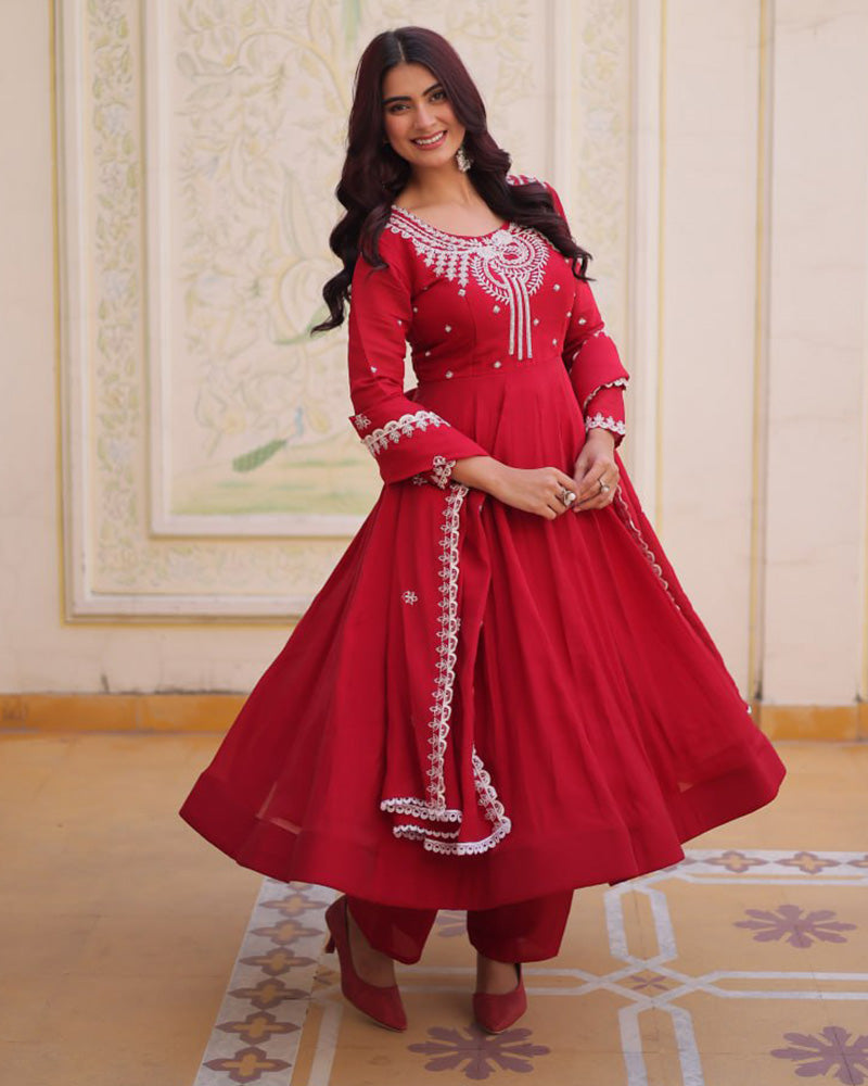 Royal Red Color Mal Chanderi Cotton Anarkali Suit