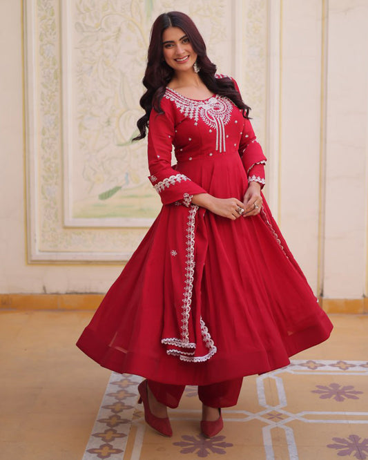 Royal Red Color Mal Chanderi Cotton Anarkali Suit