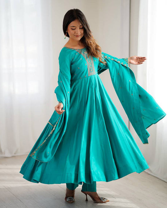 Rama Color Pure Chanderi Silk Three Piece Anarkali Suit
