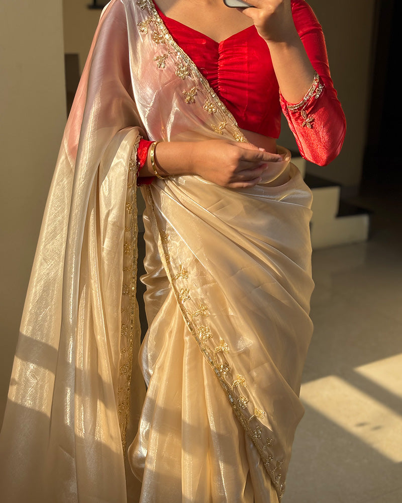 Cream Color Pure Soft Organza Embroidered Saree