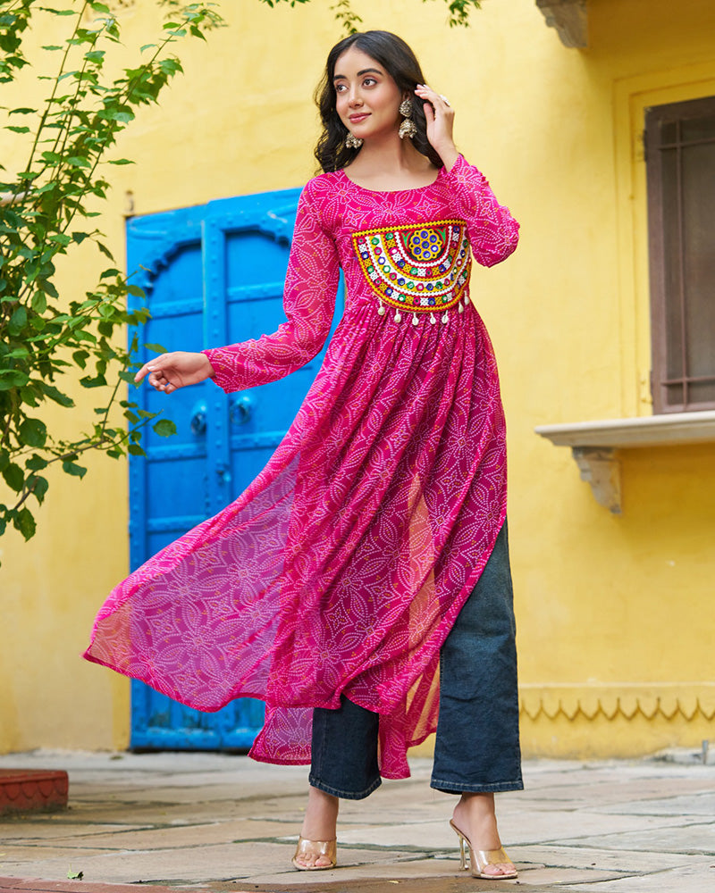 Festive Pink Georgette Printed Kurti With Gamthi Patchwork