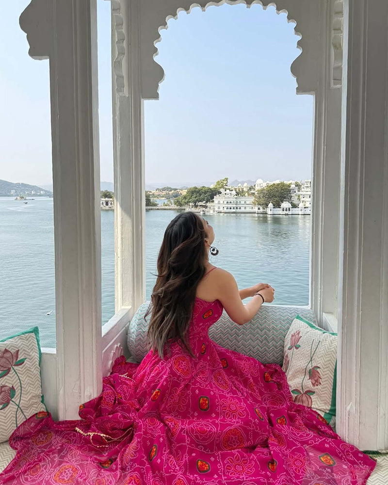 Geetika Bisht In Floral Pink Color Soft Chiffon Three Piece Anarkali Gown