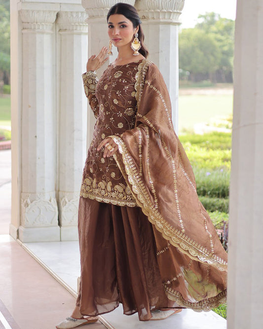 Coffee Color Fendi Silk Embroidered Sharara Suit