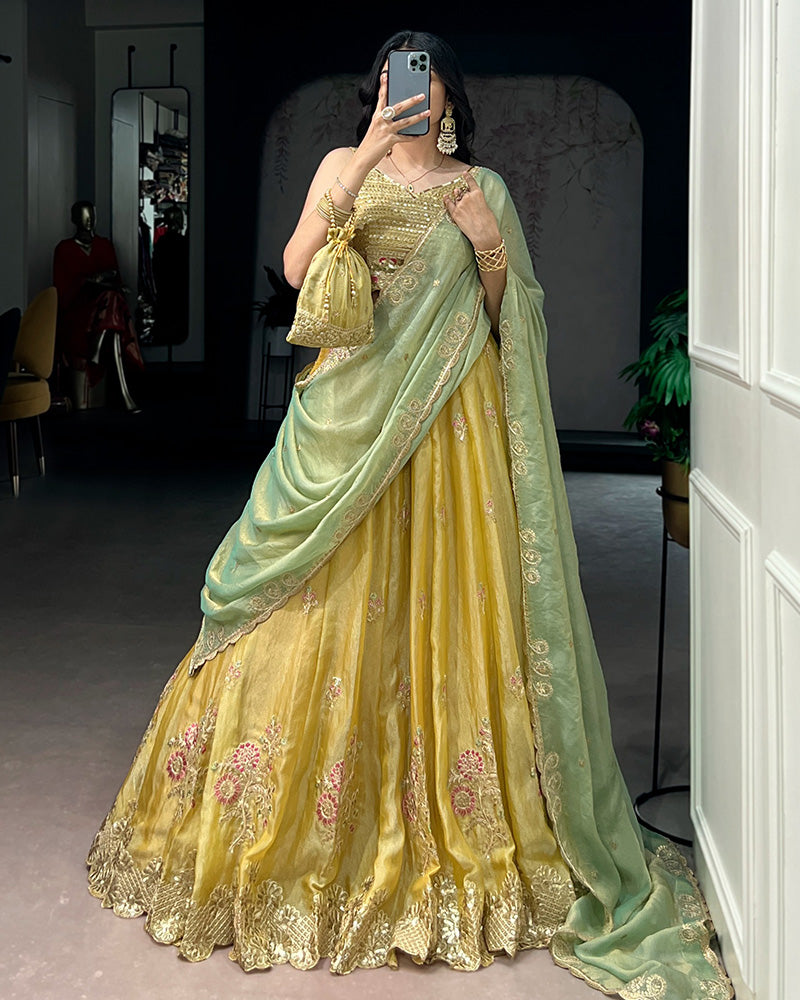 Yellow Color Moss Silk Embroidered Lehenga Choli