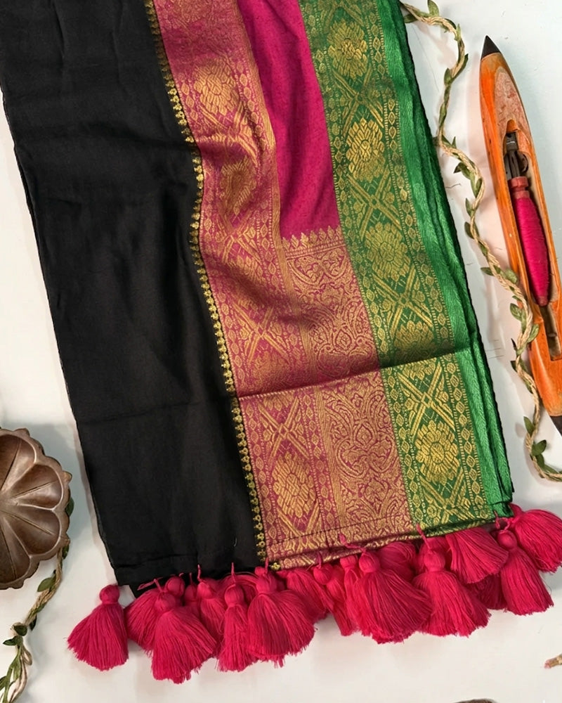 Elegance Black Color Mal Cotton Kanchivaram Saree