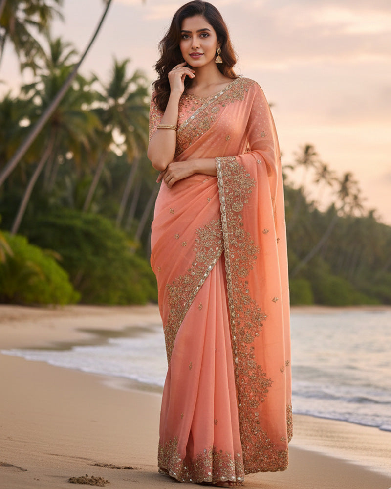 Maroon Color Space Silk Beads Embroidered Saree