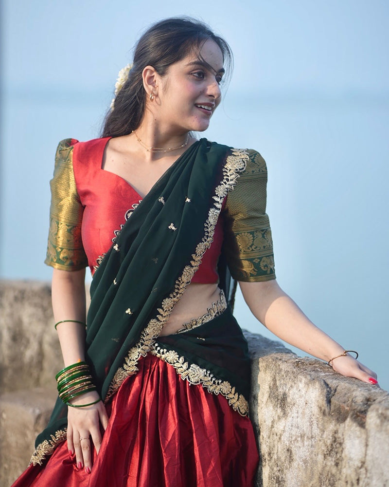 Soumya Sharma In Red Color Narayan Pattu Silk Designer Half Saree