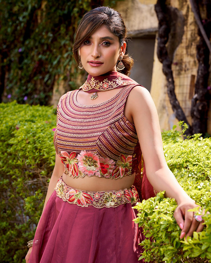 Dusty Wine Color Chanda Silk Embroidered Lehenga Choli