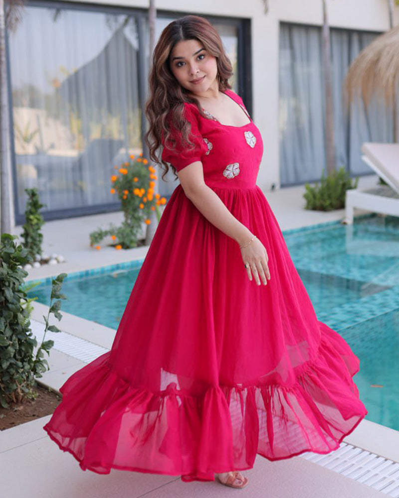 Pink Color Fendi Silk Beads Embroidered Gown