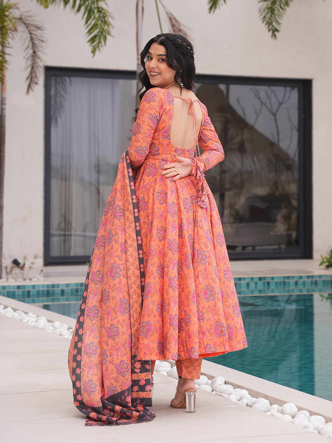 Orange Color Printed Soft Cotton Three Piece Anarkali Suit