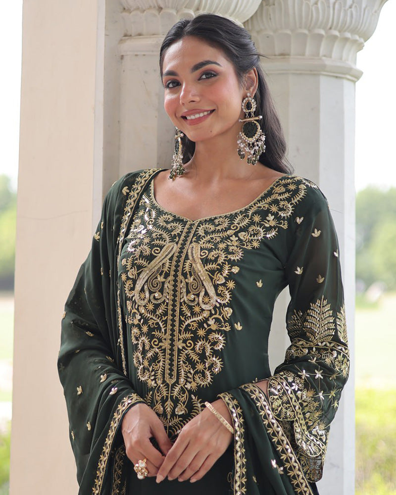 Mehndi Color Georgette Embroidered Three Piece Kurti Suit