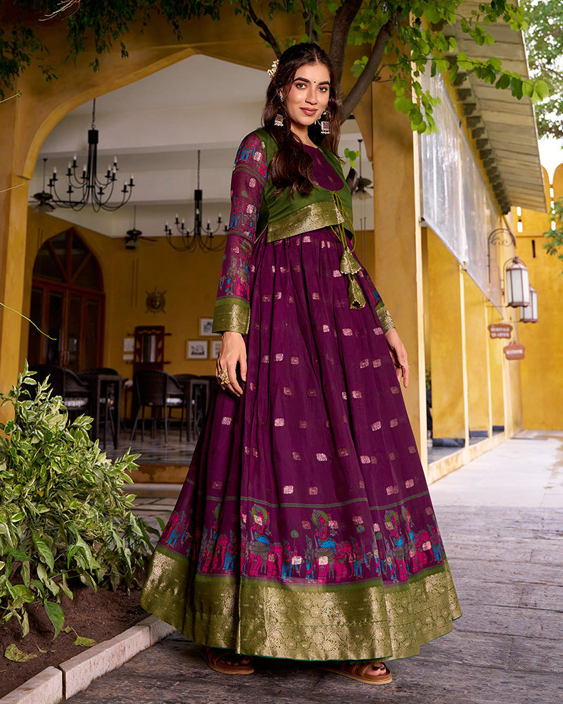 Elegant Wine Color Poly Cotton Gown With koti