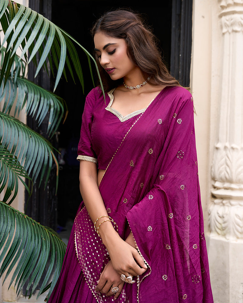 Wine Color Pure Chanderi Plain Navratri Half Saree