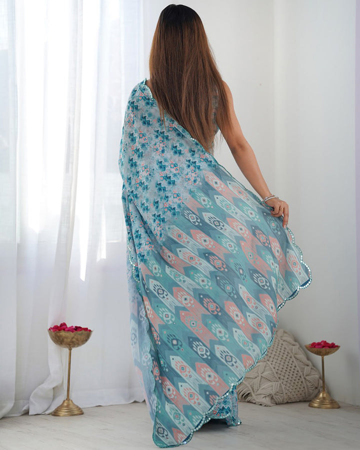 Sky Color Chinnon Silk Saree