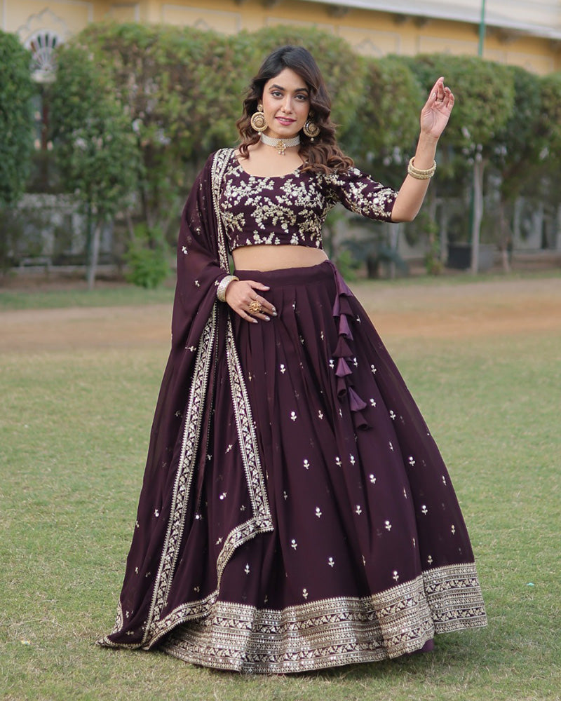 Wedding Wear Dark Wine Color Designer Blooming Lehenga Choli