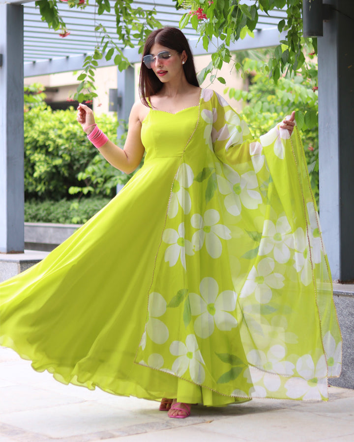Neon Color Soft Georgette Anarkali Gown With Floral Printed Dupatta